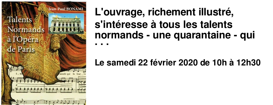 L'ouvrage, richement illustr�, s'int�resse � tous les talents normands - une quarantaine - qui ont �t� applaudis sur les sc�nes de l'Op�ra et de l'Op�ra-Comique. Jean-Paul Bonami, passionn� d'art lyrique, est connu des auditeurs de France Bleu Cotentin pour le succ�s de ses �missions musicales diffus�es entre 2002 et 2012.